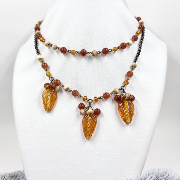 NWT - Nine West - Orange Leaf Charms & Beaded Two Strand 14” Choker Necklace - Picture 2 of 7